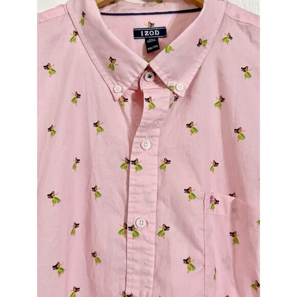 IZOD Mens Pink Hula Girl Resort Button Down Collared Shirt All Over Print Sz XXL - Picture 1 of 2